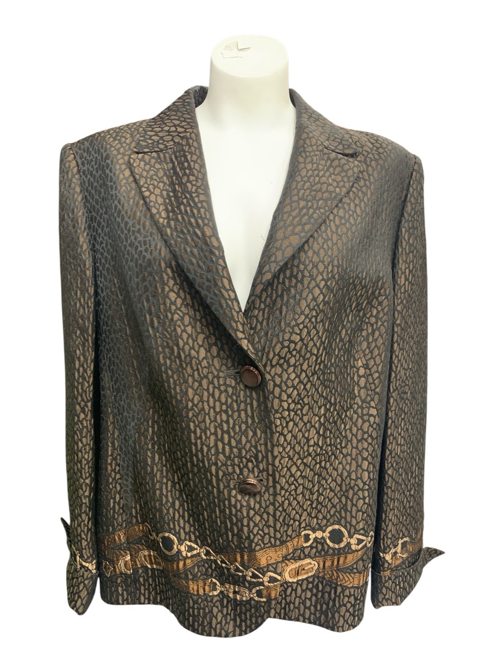Basler Brown Metallic Patterned Blazer with Gold Chain Trim